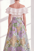 Laden Sie das Bild in den Galerie-Viewer, Pink-blaues Blüten-A-Linie-Umrand von der Schulter mit Rüschen langes Mutter-der-der-Braut-Kleid mit Gürtel