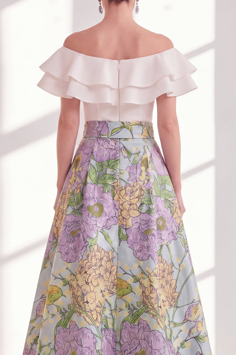 Laden Sie das Bild in den Galerie-Viewer, Pink-blaues Blüten-A-Linie-Umrand von der Schulter mit Rüschen langes Mutter-der-der-Braut-Kleid mit Gürtel