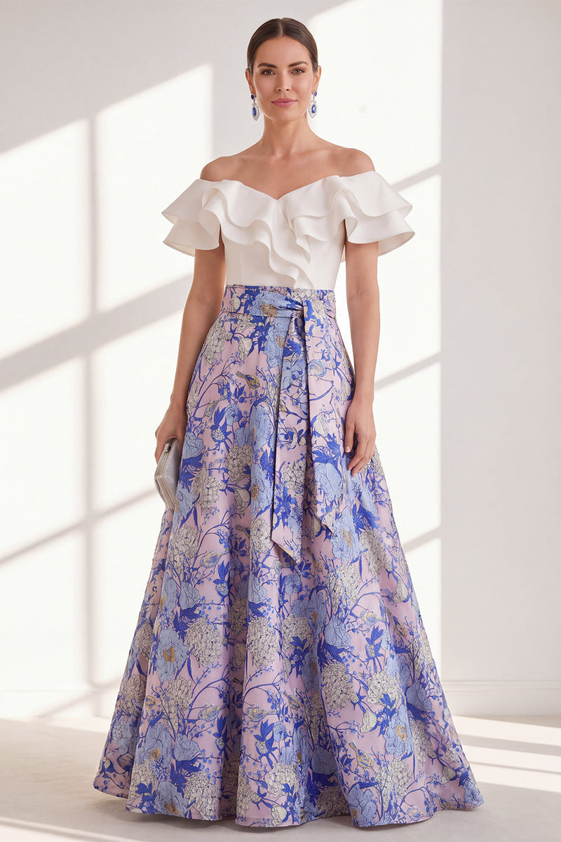 Laden Sie das Bild in den Galerie-Viewer, Pink-blaues Blüten-A-Linie-Umrand von der Schulter mit Rüschen langes Mutter-der-der-Braut-Kleid mit Gürtel