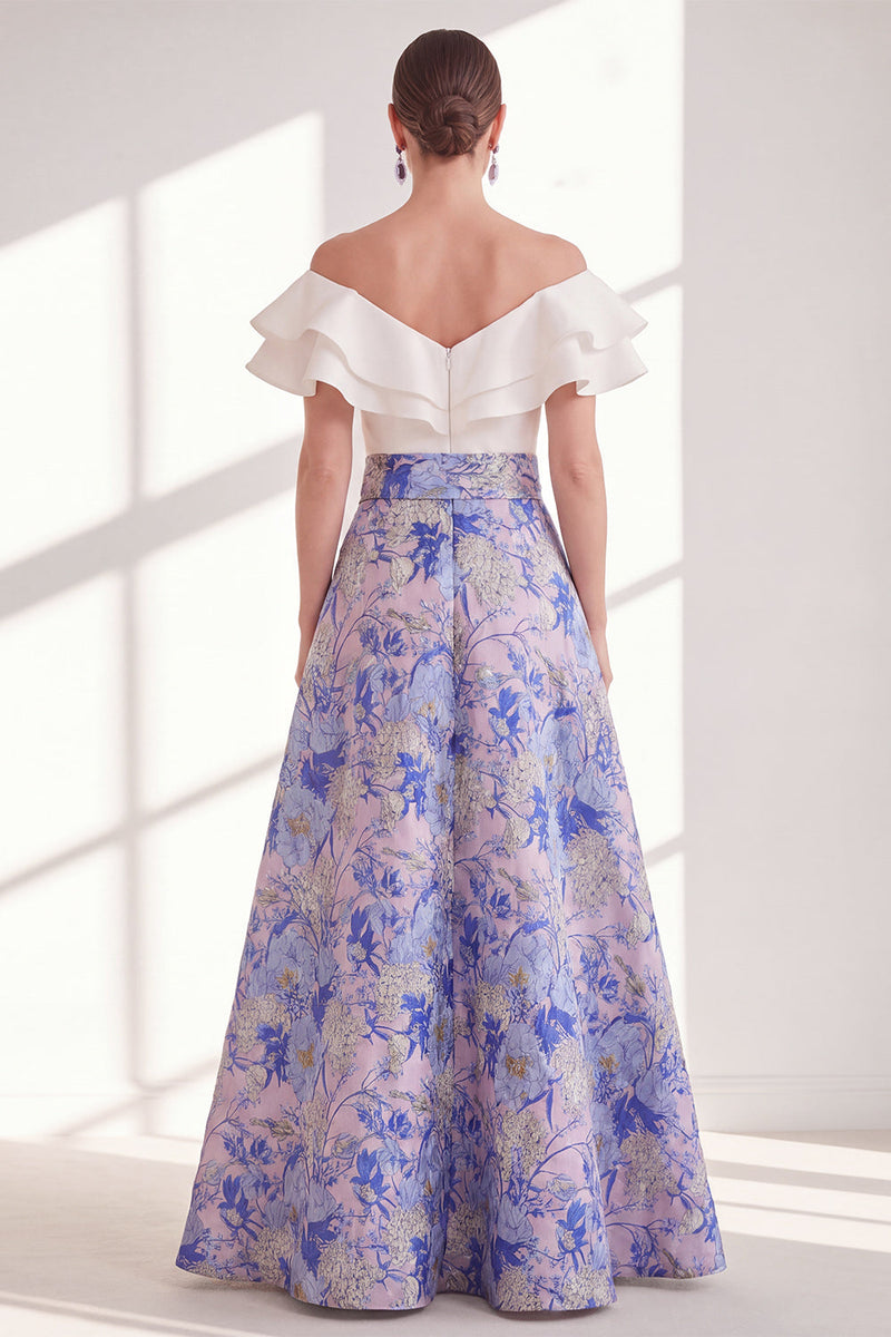 Laden Sie das Bild in den Galerie-Viewer, Pink-blaues Blüten-A-Linie-Umrand von der Schulter mit Rüschen langes Mutter-der-der-Braut-Kleid mit Gürtel