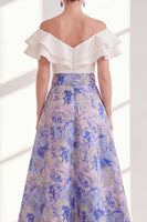 Laden Sie das Bild in den Galerie-Viewer, Pink-blaues Blüten-A-Linie-Umrand von der Schulter mit Rüschen langes Mutter-der-der-Braut-Kleid mit Gürtel