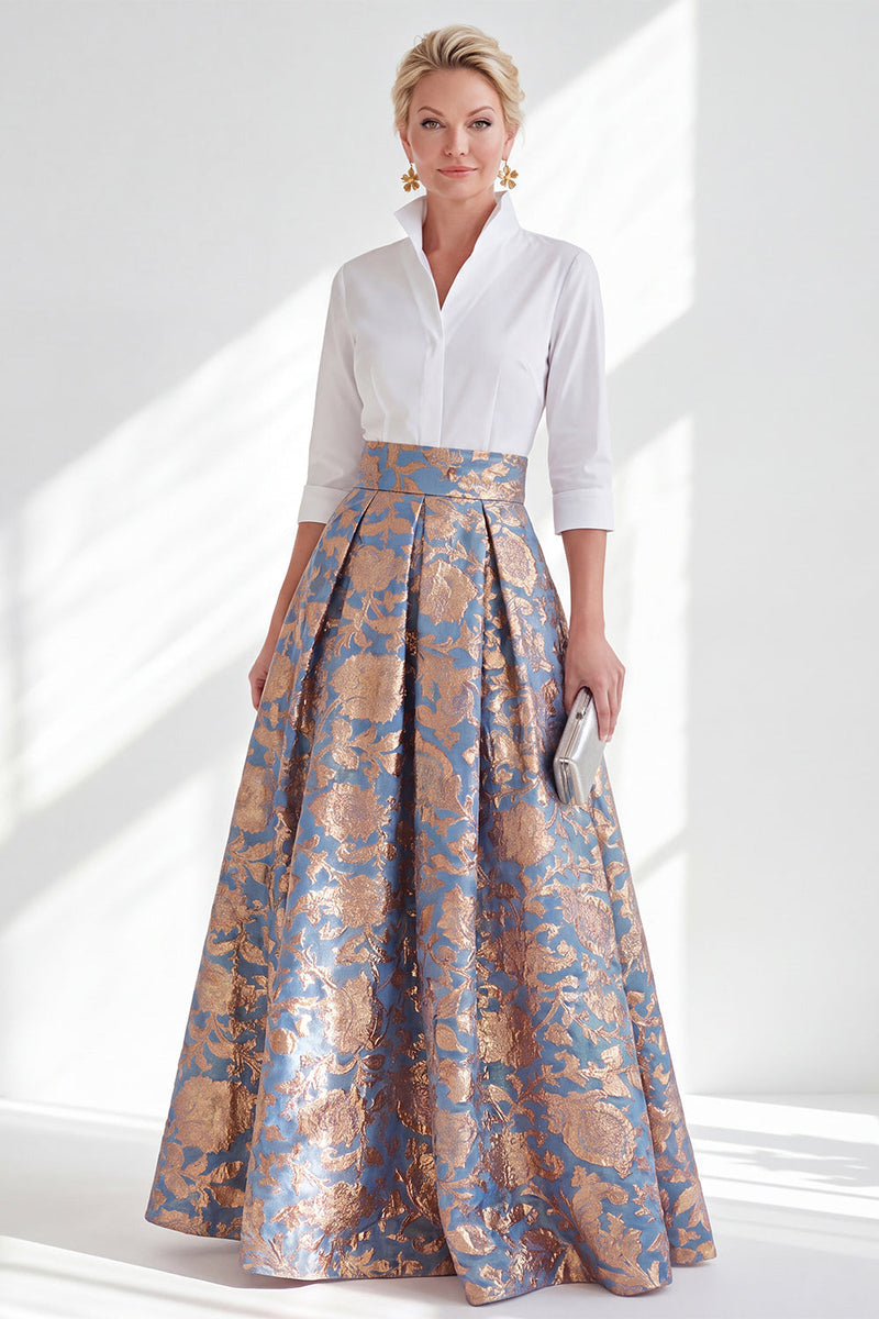 Laden Sie das Bild in den Galerie-Viewer, Blau-Pink-Blumen-A-Linie langes Mutter-der-der-Braut-Kleid mit 3/4-Ärmeln