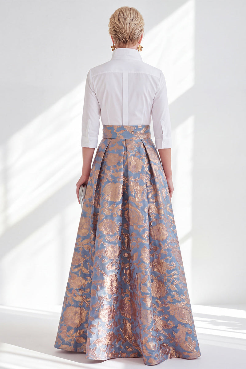 Laden Sie das Bild in den Galerie-Viewer, Blau-Pink-Blumen-A-Linie langes Mutter-der-der-Braut-Kleid mit 3/4-Ärmeln