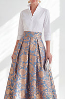 Laden Sie das Bild in den Galerie-Viewer, Blau-Pink-Blumen-A-Linie langes Mutter-der-der-Braut-Kleid mit 3/4-Ärmeln