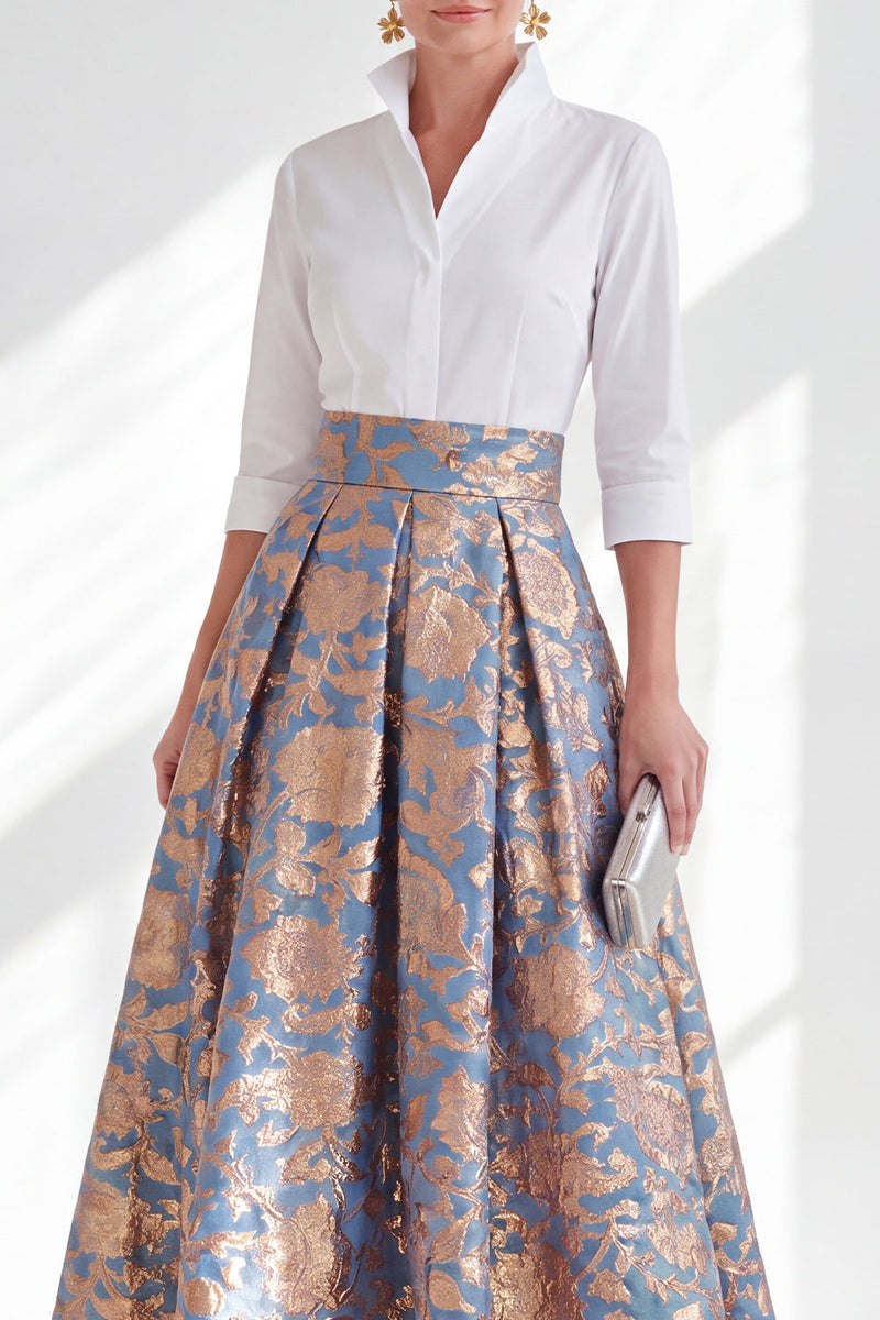 Laden Sie das Bild in den Galerie-Viewer, Blau-Pink-Blumen-A-Linie langes Mutter-der-der-Braut-Kleid mit 3/4-Ärmeln