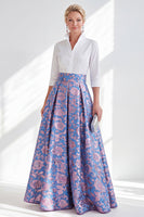 Laden Sie das Bild in den Galerie-Viewer, Blau-Pink-Blumen-A-Linie langes Mutter-der-der-Braut-Kleid mit 3/4-Ärmeln