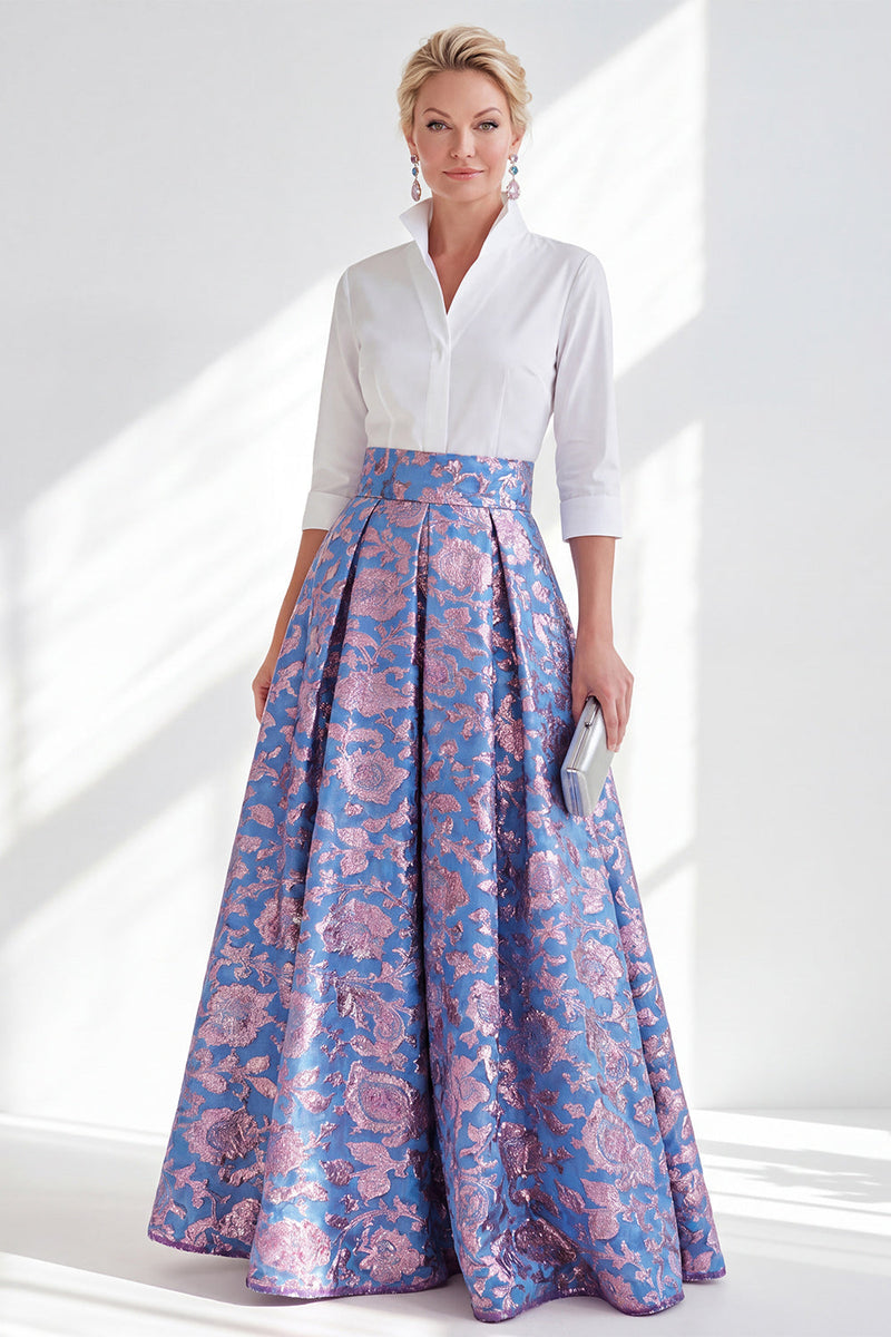 Laden Sie das Bild in den Galerie-Viewer, Blau-Pink-Blumen-A-Linie langes Mutter-der-der-Braut-Kleid mit 3/4-Ärmeln
