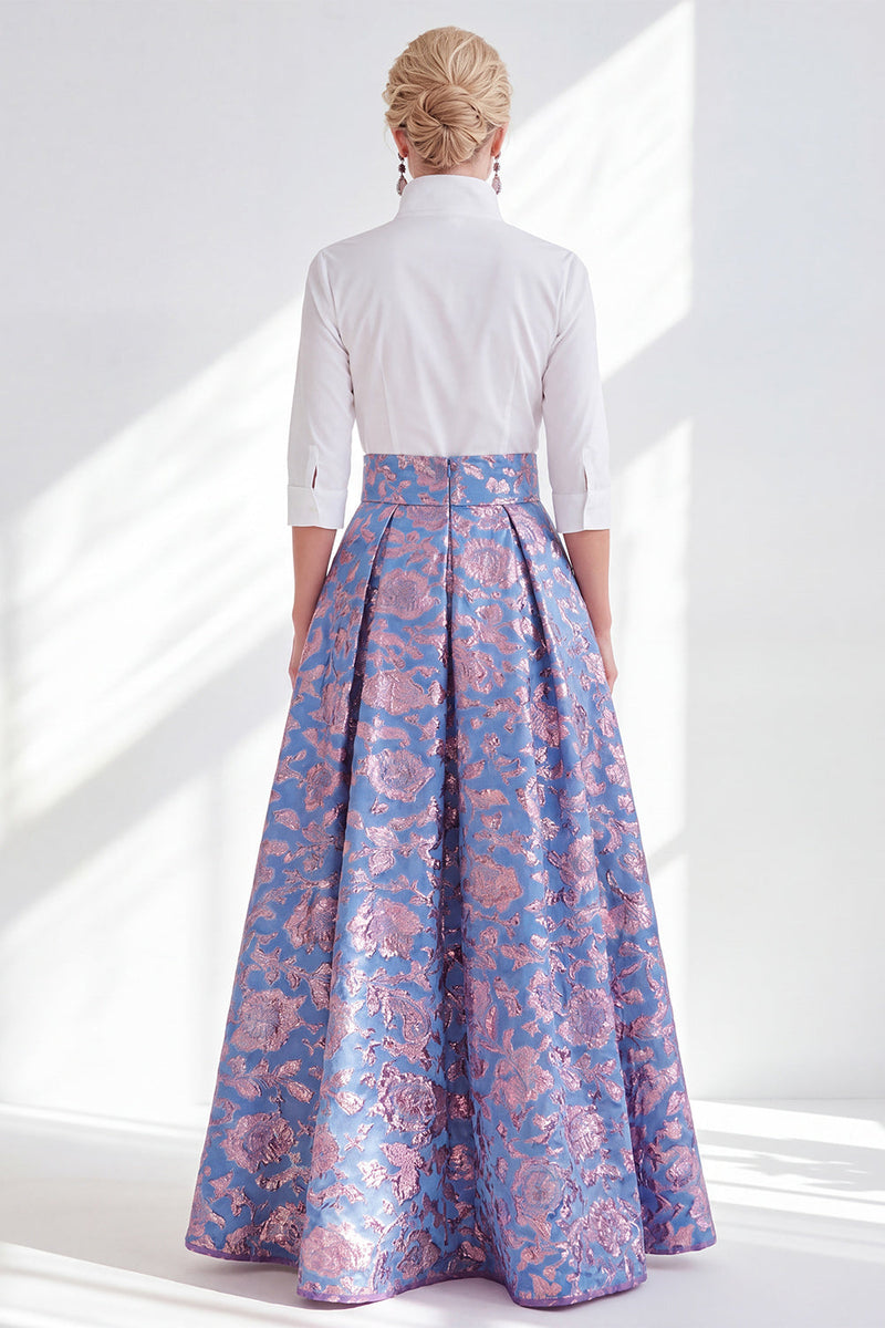 Laden Sie das Bild in den Galerie-Viewer, Blau-Pink-Blumen-A-Linie langes Mutter-der-der-Braut-Kleid mit 3/4-Ärmeln