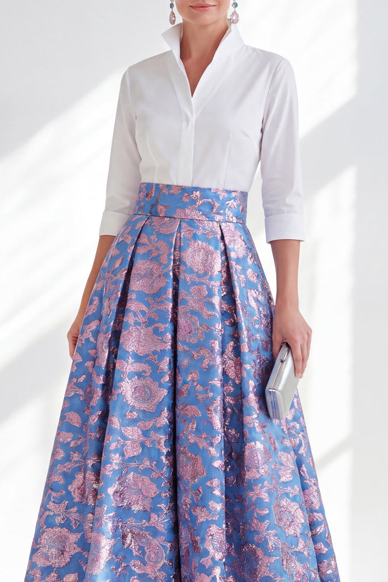 Laden Sie das Bild in den Galerie-Viewer, Blau-Pink-Blumen-A-Linie langes Mutter-der-der-Braut-Kleid mit 3/4-Ärmeln