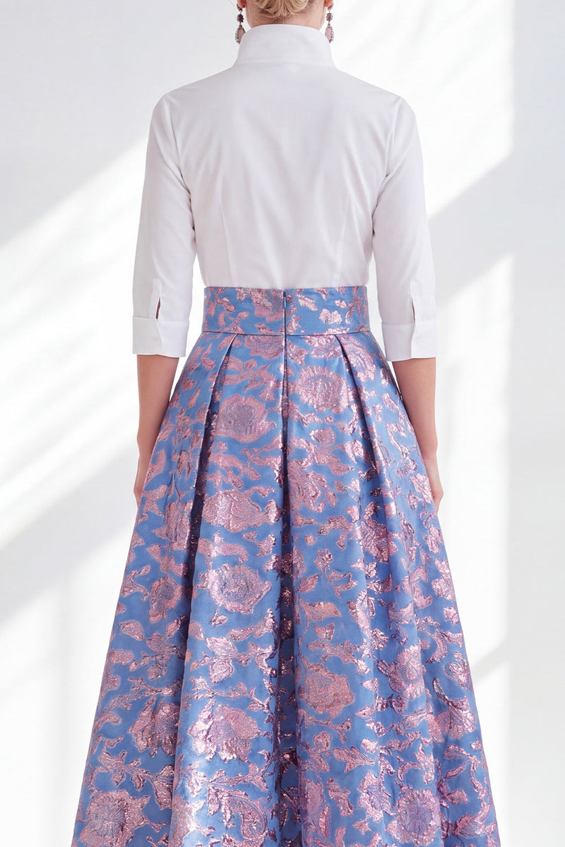 Laden Sie das Bild in den Galerie-Viewer, Blau-Pink-Blumen-A-Linie langes Mutter-der-der-Braut-Kleid mit 3/4-Ärmeln