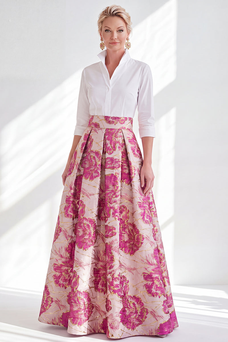 Laden Sie das Bild in den Galerie-Viewer, Fuchsia Blumen A-Linie langes Mutter der Braut Kleid mit 3/4-Ärmeln