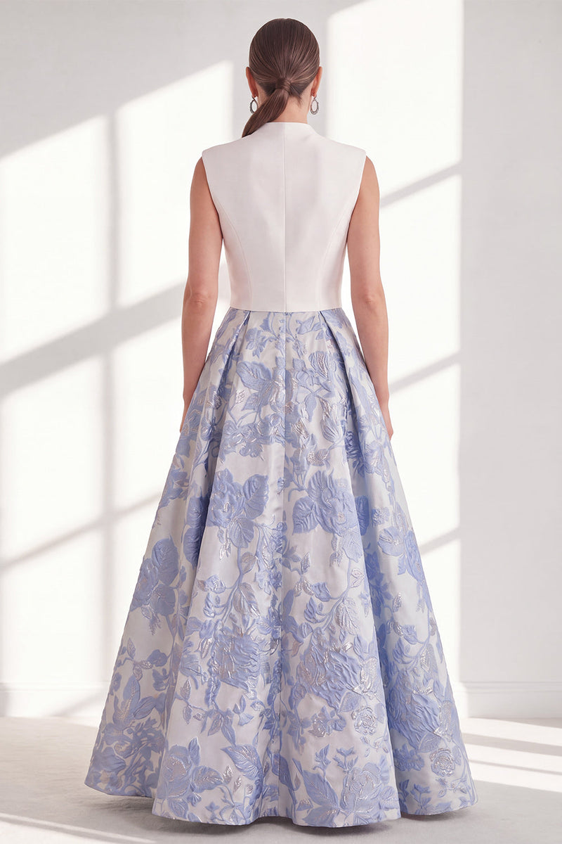 Laden Sie das Bild in den Galerie-Viewer, Blaues A-Linien-V-Ausschnitt langes Mutter-der-der-Braut-Kleid mit Schleife