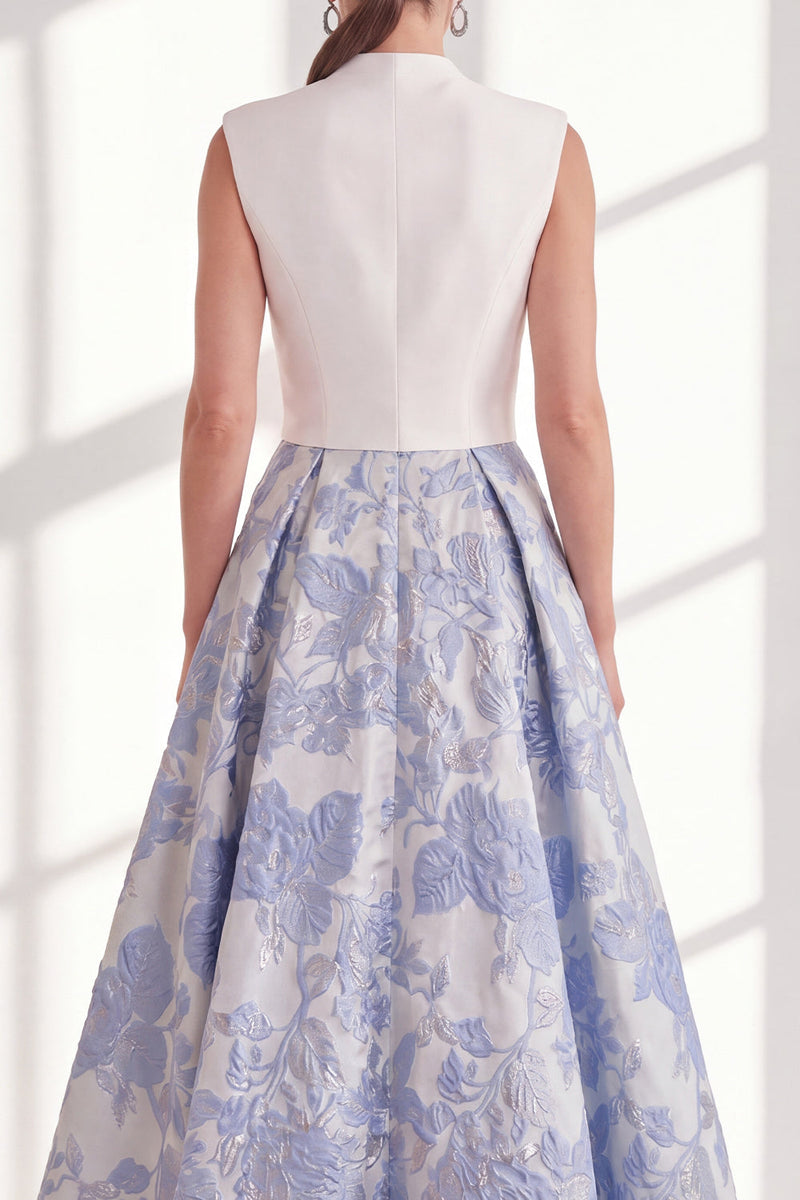Laden Sie das Bild in den Galerie-Viewer, Blaues A-Linien-V-Ausschnitt langes Mutter-der-der-Braut-Kleid mit Schleife