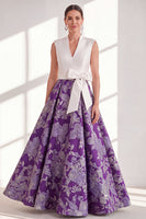 Laden Sie das Bild in den Galerie-Viewer, Blaues A-Linien-V-Ausschnitt langes Mutter-der-der-Braut-Kleid mit Schleife
