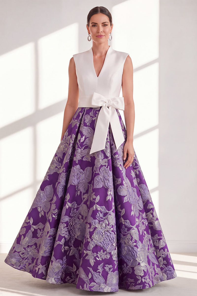 Laden Sie das Bild in den Galerie-Viewer, Blaues A-Linien-V-Ausschnitt langes Mutter-der-der-Braut-Kleid mit Schleife