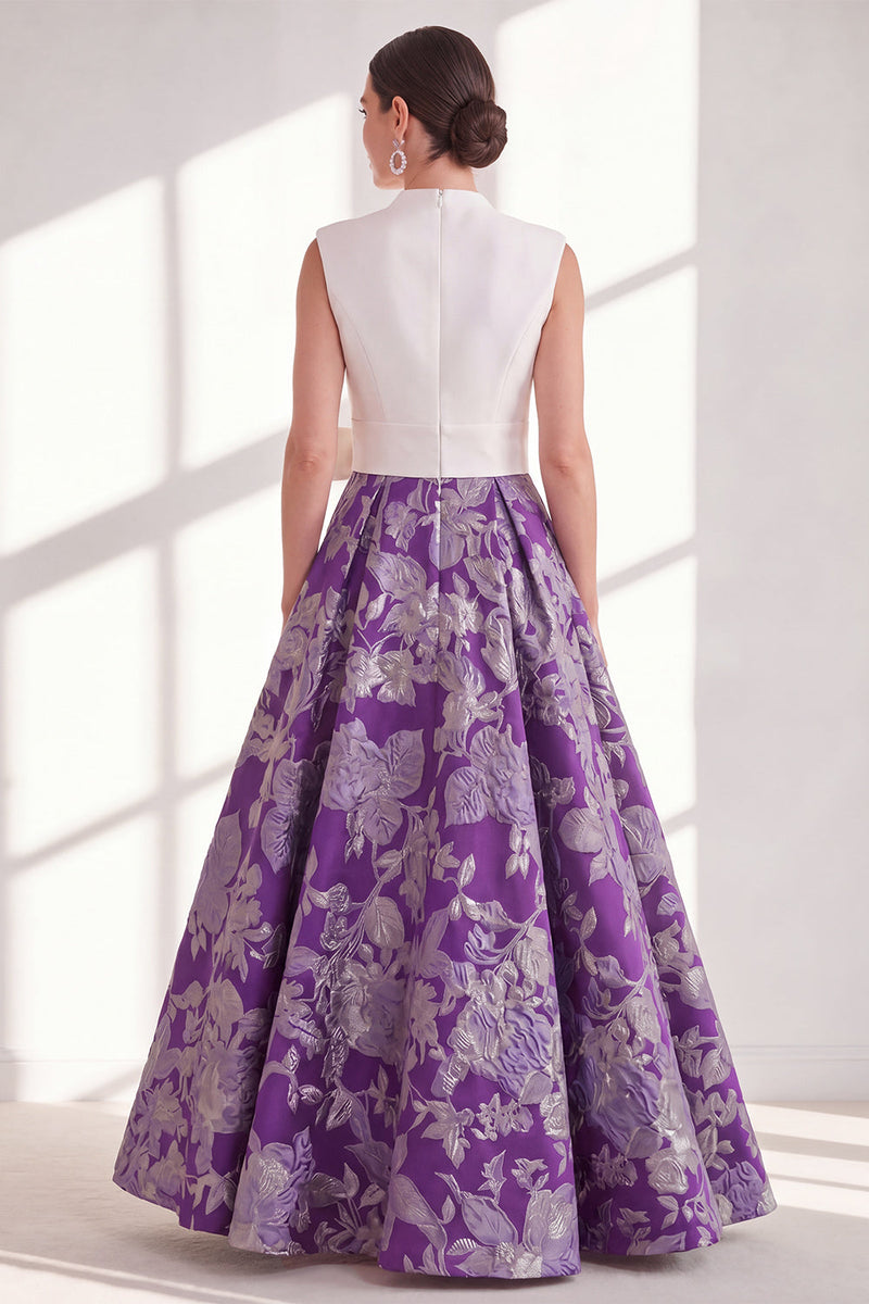 Laden Sie das Bild in den Galerie-Viewer, Blaues A-Linien-V-Ausschnitt langes Mutter-der-der-Braut-Kleid mit Schleife
