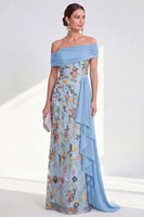 Laden Sie das Bild in den Galerie-Viewer, Off-the-shoulder grünes Blumenkleid der Mutter der Braut mit Schärpe