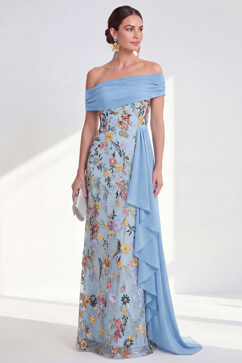 Laden Sie das Bild in den Galerie-Viewer, Off-the-shoulder grünes Blumenkleid der Mutter der Braut mit Schärpe