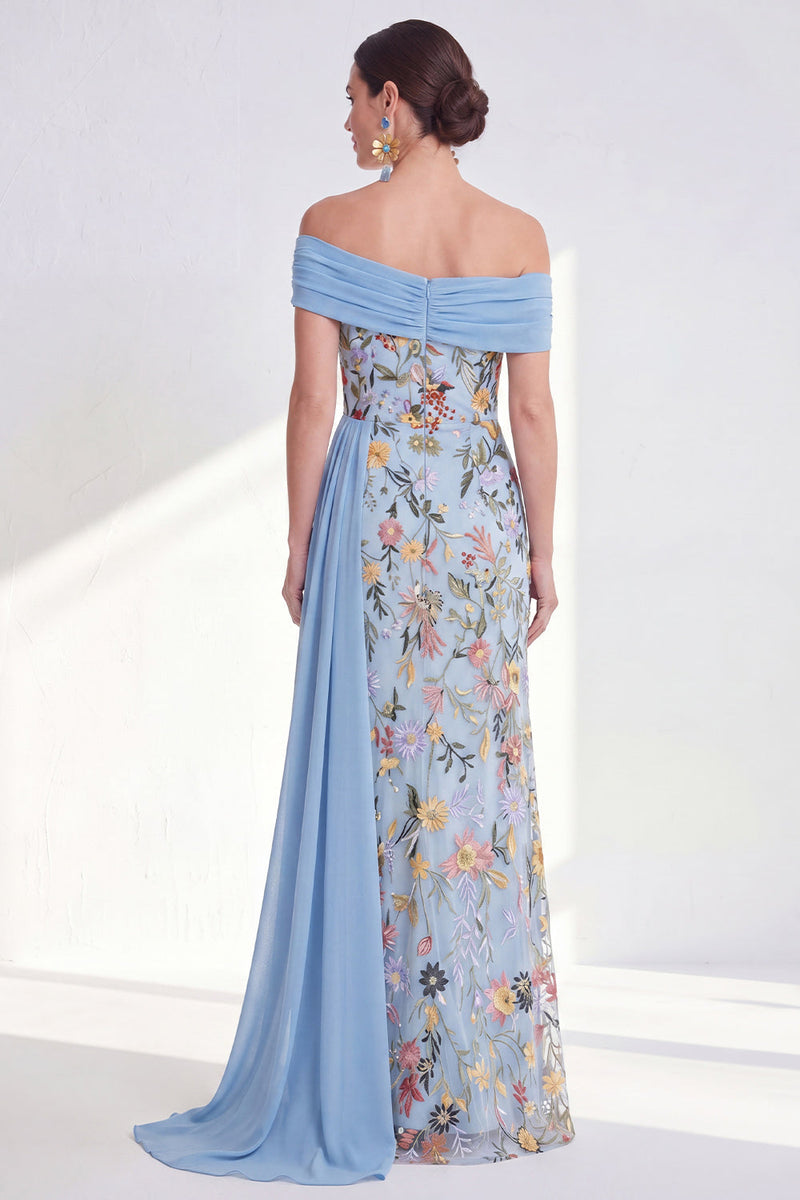 Laden Sie das Bild in den Galerie-Viewer, Off-the-shoulder grünes Blumenkleid der Mutter der Braut mit Schärpe