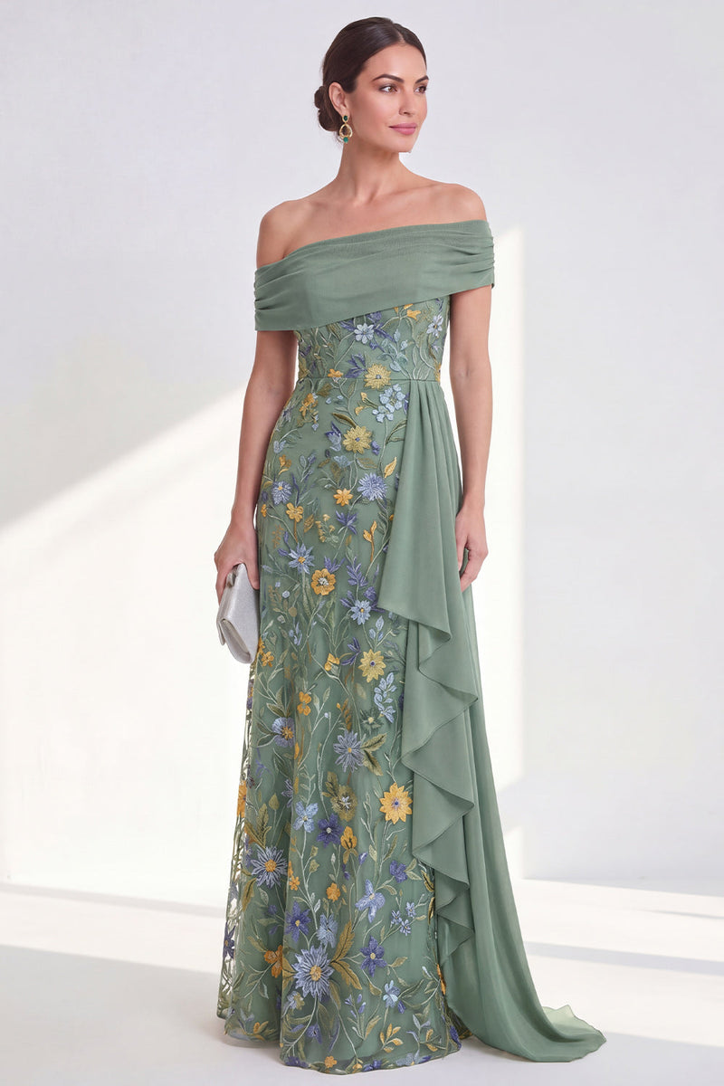 Laden Sie das Bild in den Galerie-Viewer, Off-the-shoulder grünes Blumenkleid der Mutter der Braut mit Schärpe