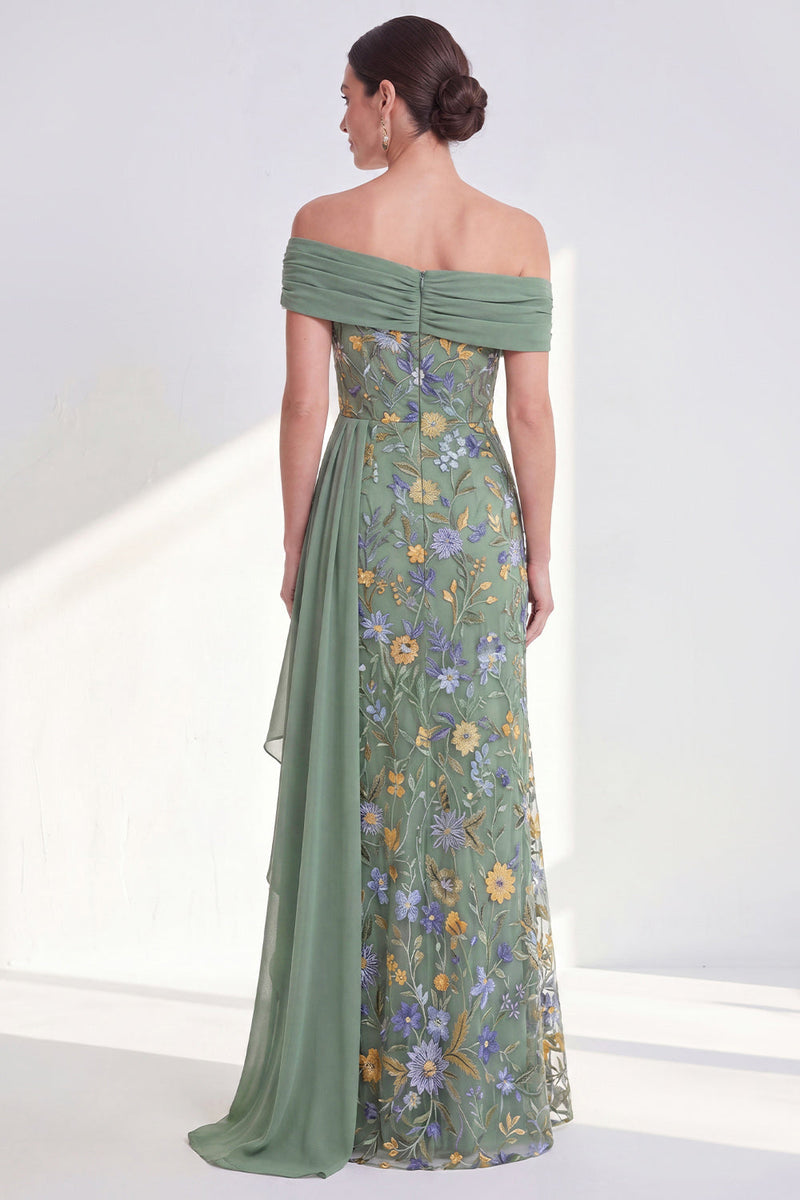 Laden Sie das Bild in den Galerie-Viewer, Off-the-shoulder grünes Blumenkleid der Mutter der Braut mit Schärpe