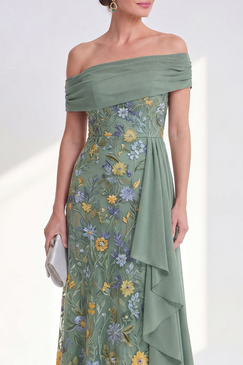 Laden Sie das Bild in den Galerie-Viewer, Off-the-shoulder grünes Blumenkleid der Mutter der Braut mit Schärpe