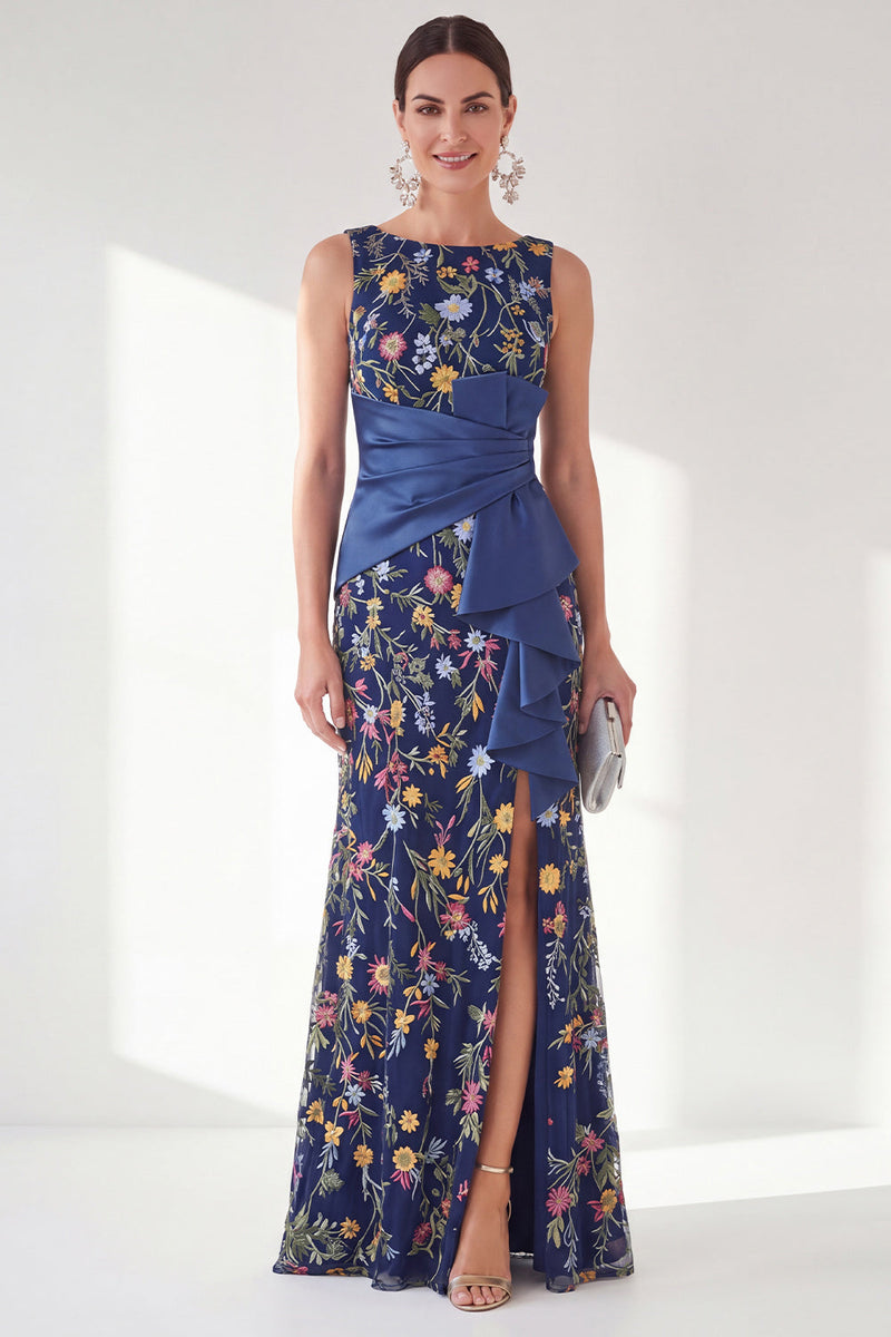 Laden Sie das Bild in den Galerie-Viewer, Marineblauer Meerjungfrauen-Bateau-Ausschnitt mit langem Mutter-der-der-Braut-Kleid mit Schlitz