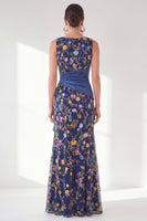 Laden Sie das Bild in den Galerie-Viewer, Marineblauer Meerjungfrauen-Bateau-Ausschnitt mit langem Mutter-der-der-Braut-Kleid mit Schlitz