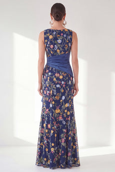 Marineblauer Meerjungfrauen-Bateau-Ausschnitt mit langem Mutter-der-der-Braut-Kleid mit Schlitz