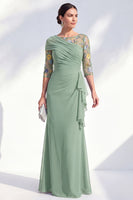 Laden Sie das Bild in den Galerie-Viewer, Grüner Meerjungfrauen-Bateau-Ausschnitt Chiffon-Blümer Lange Mutter-der-Braut-Kleid