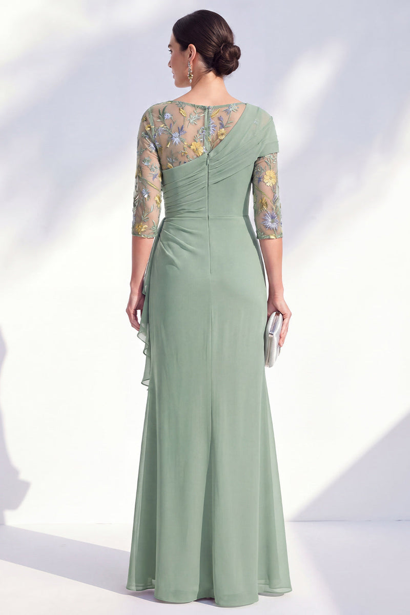 Laden Sie das Bild in den Galerie-Viewer, Grüner Meerjungfrauen-Bateau-Ausschnitt Chiffon-Blümer Lange Mutter-der-Braut-Kleid