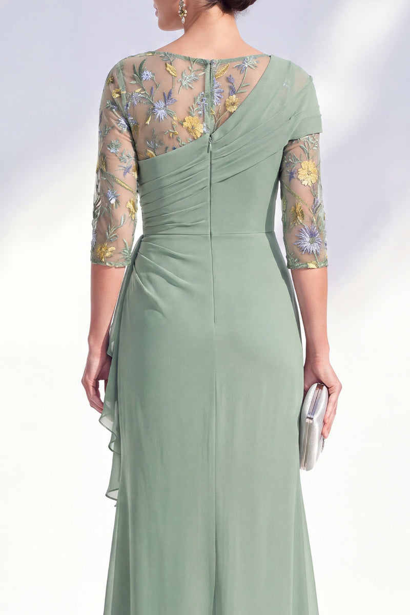 Laden Sie das Bild in den Galerie-Viewer, Grüner Meerjungfrauen-Bateau-Ausschnitt Chiffon-Blümer Lange Mutter-der-Braut-Kleid