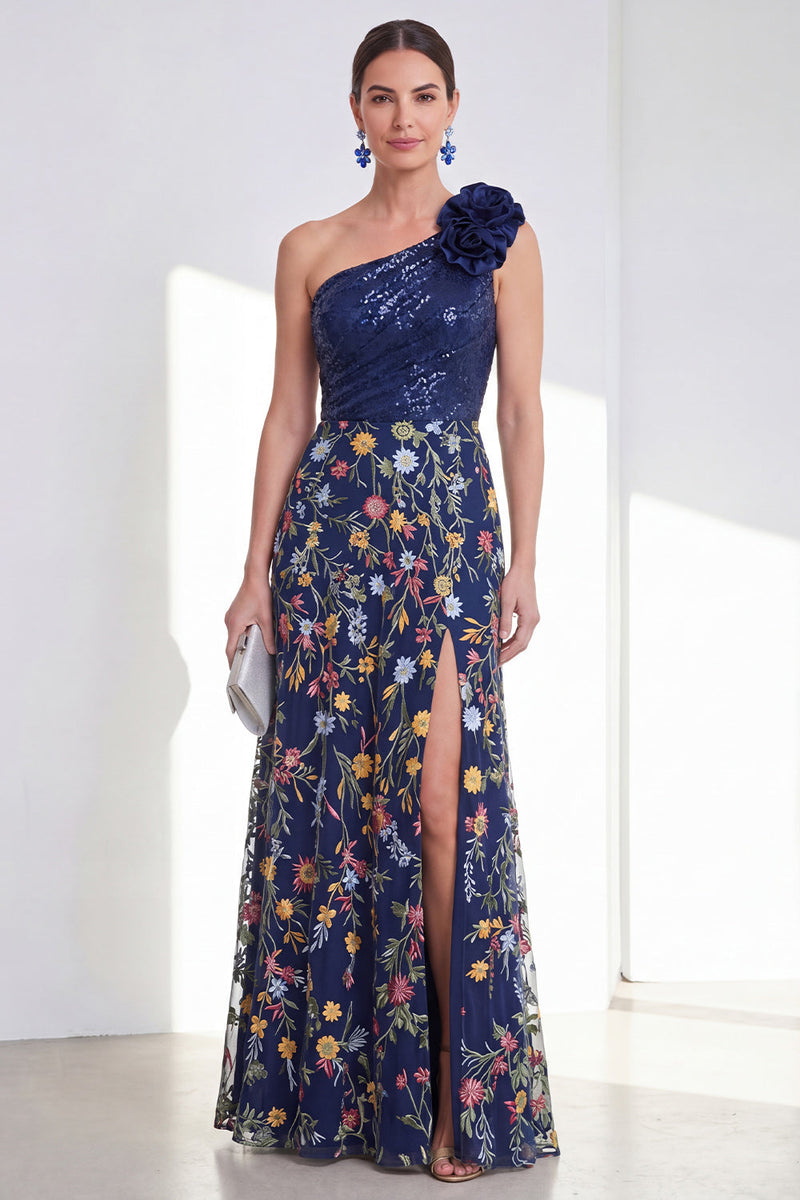 Laden Sie das Bild in den Galerie-Viewer, Glitzerndes A-Line-Marineblau mit Pailletten mit einer Schulter – geblümtes langes Mutter-der-der-Braut-Kleid mit Schlitz
