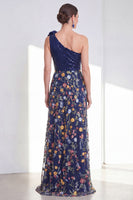 Laden Sie das Bild in den Galerie-Viewer, Glitzerndes A-Line-Marineblau mit Pailletten mit einer Schulter – geblümtes langes Mutter-der-der-Braut-Kleid mit Schlitz