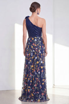Glitzerndes A-Line-Marineblau mit Pailletten mit einer Schulter – geblümtes langes Mutter-der-der-Braut-Kleid mit Schlitz