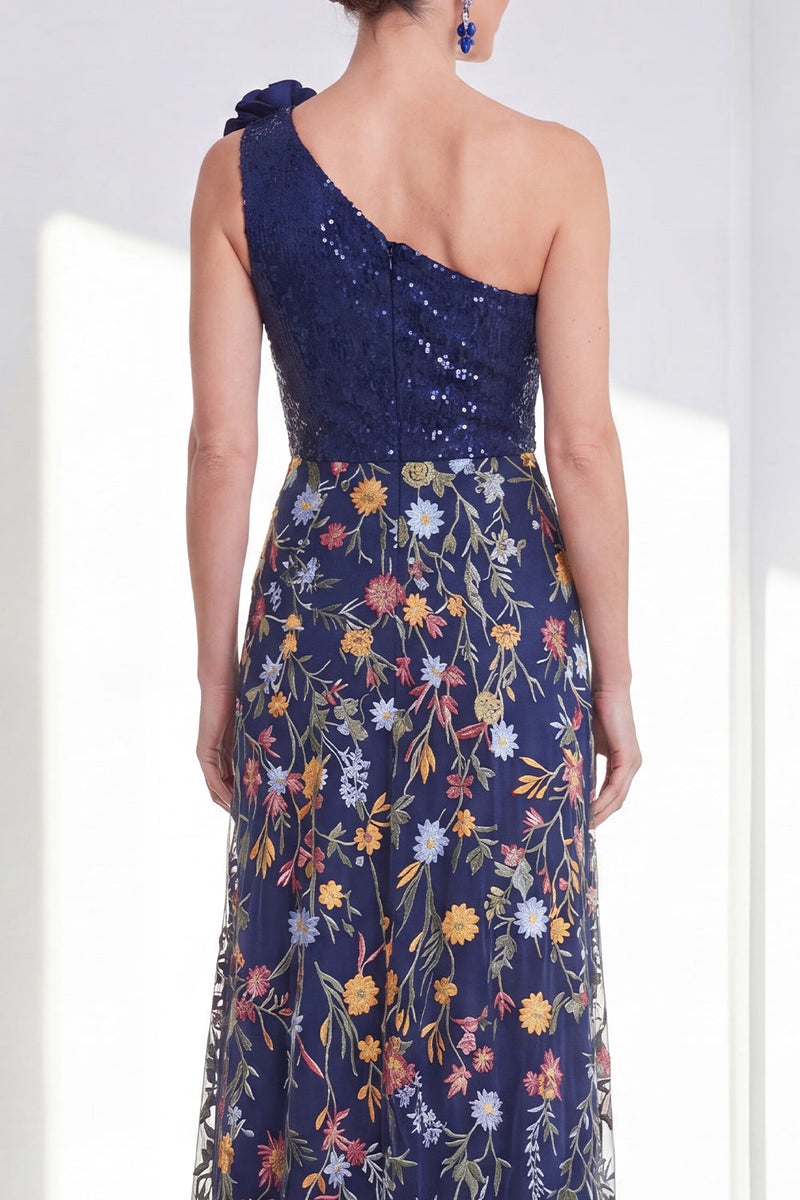 Laden Sie das Bild in den Galerie-Viewer, Glitzerndes A-Line-Marineblau mit Pailletten mit einer Schulter – geblümtes langes Mutter-der-der-Braut-Kleid mit Schlitz