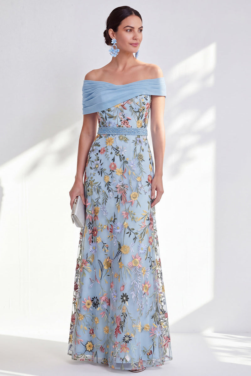 Laden Sie das Bild in den Galerie-Viewer, Grünes A-Linien-Off-the-shoulder Blumen-Langkleid Mutter der Braut
