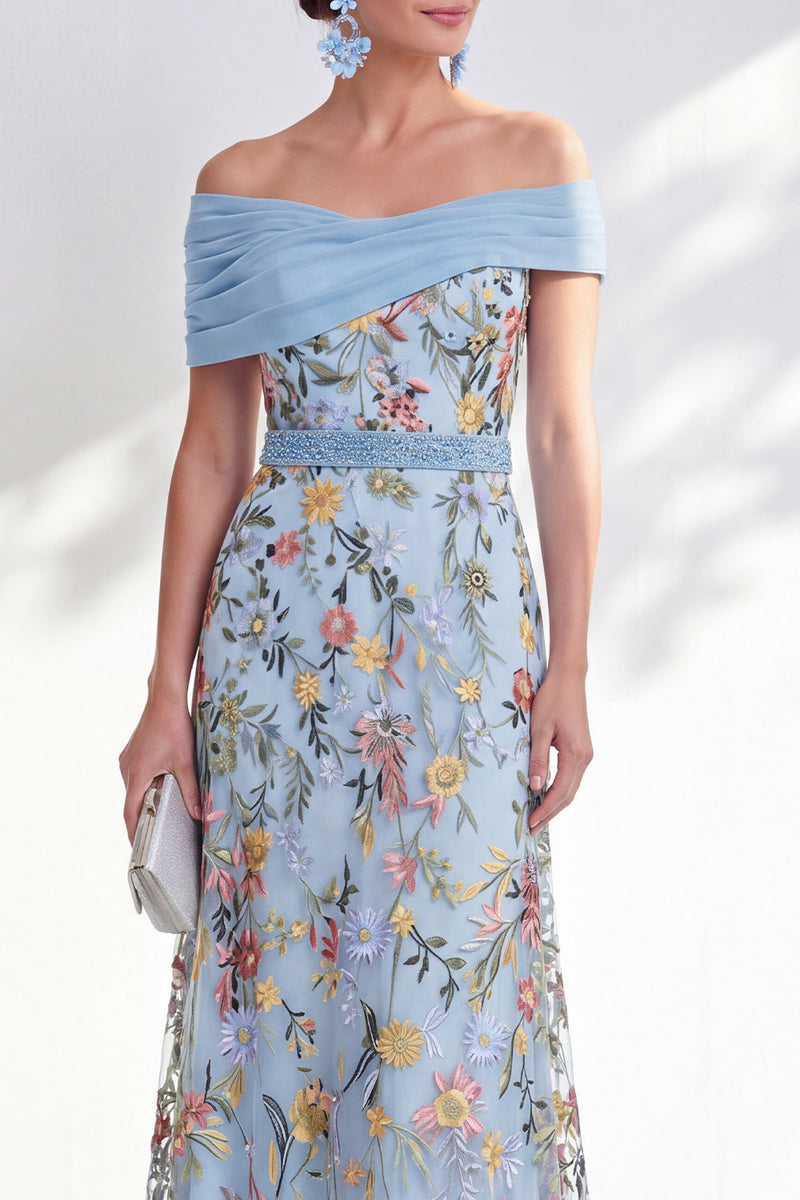 Laden Sie das Bild in den Galerie-Viewer, Grünes A-Linien-Off-the-shoulder Blumen-Langkleid Mutter der Braut