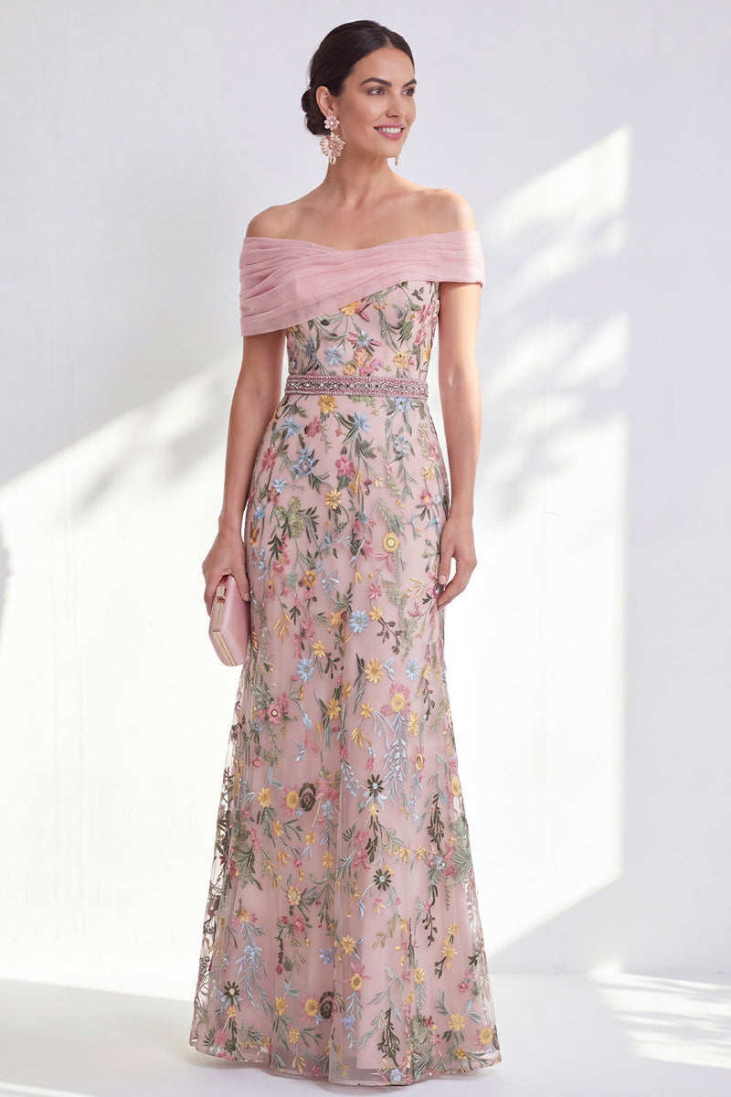 Laden Sie das Bild in den Galerie-Viewer, Grünes A-Linien-Off-the-shoulder Blumen-Langkleid Mutter der Braut