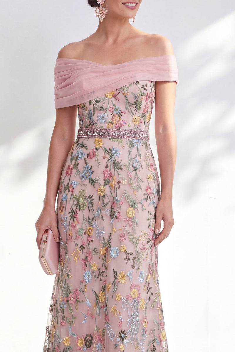 Laden Sie das Bild in den Galerie-Viewer, Grünes A-Linien-Off-the-shoulder Blumen-Langkleid Mutter der Braut