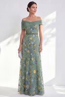 Laden Sie das Bild in den Galerie-Viewer, Grünes A-Linien-Off-the-shoulder Blumen-Langkleid Mutter der Braut