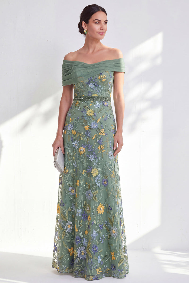 Laden Sie das Bild in den Galerie-Viewer, Grünes A-Linien-Off-the-shoulder Blumen-Langkleid Mutter der Braut