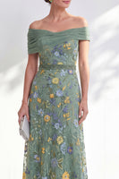 Laden Sie das Bild in den Galerie-Viewer, Grünes A-Linien-Off-the-shoulder Blumen-Langkleid Mutter der Braut