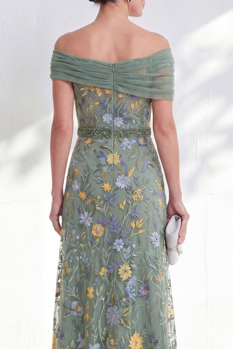 Laden Sie das Bild in den Galerie-Viewer, Grünes A-Linien-Off-the-shoulder Blumen-Langkleid Mutter der Braut