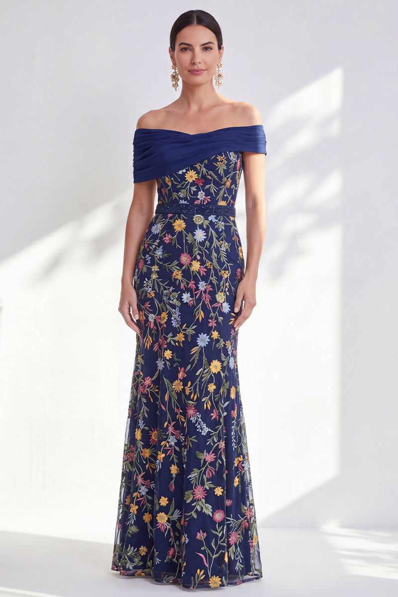 Laden Sie das Bild in den Galerie-Viewer, Grünes A-Linien-Off-the-shoulder Blumen-Langkleid Mutter der Braut