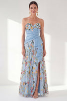 Laden Sie das Bild in den Galerie-Viewer, Blaues A-Linien-Sweetheart Floral Long Mother Of the Bride Kleid mit Schlitz