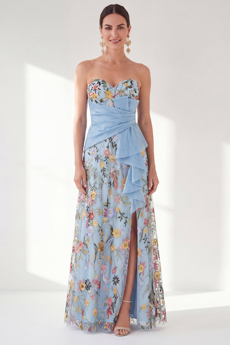Laden Sie das Bild in den Galerie-Viewer, Blaues A-Linien-Sweetheart Floral Long Mother Of the Bride Kleid mit Schlitz