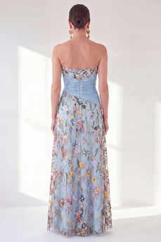 Blaues A-Linien-Sweetheart Floral Long Mother Of the Bride Kleid mit Schlitz