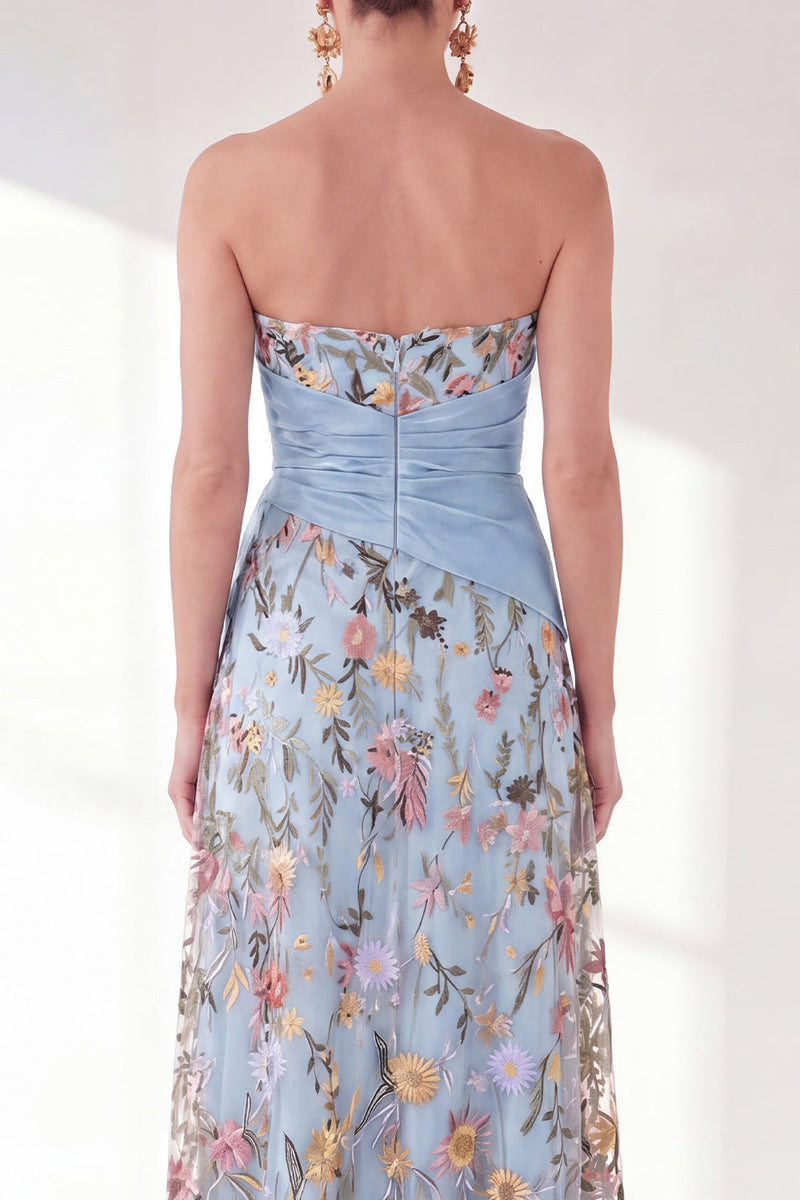 Laden Sie das Bild in den Galerie-Viewer, Blaues A-Linien-Sweetheart Floral Long Mother Of the Bride Kleid mit Schlitz