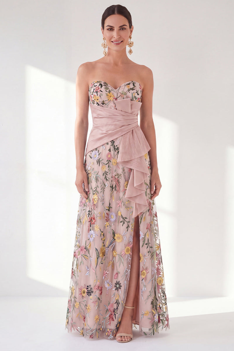 Laden Sie das Bild in den Galerie-Viewer, Blaues A-Linien-Sweetheart Floral Long Mother Of the Bride Kleid mit Schlitz